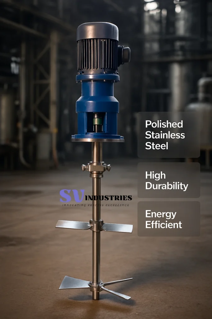 Durable industrial agitator designed for mixing in chemical processing environments