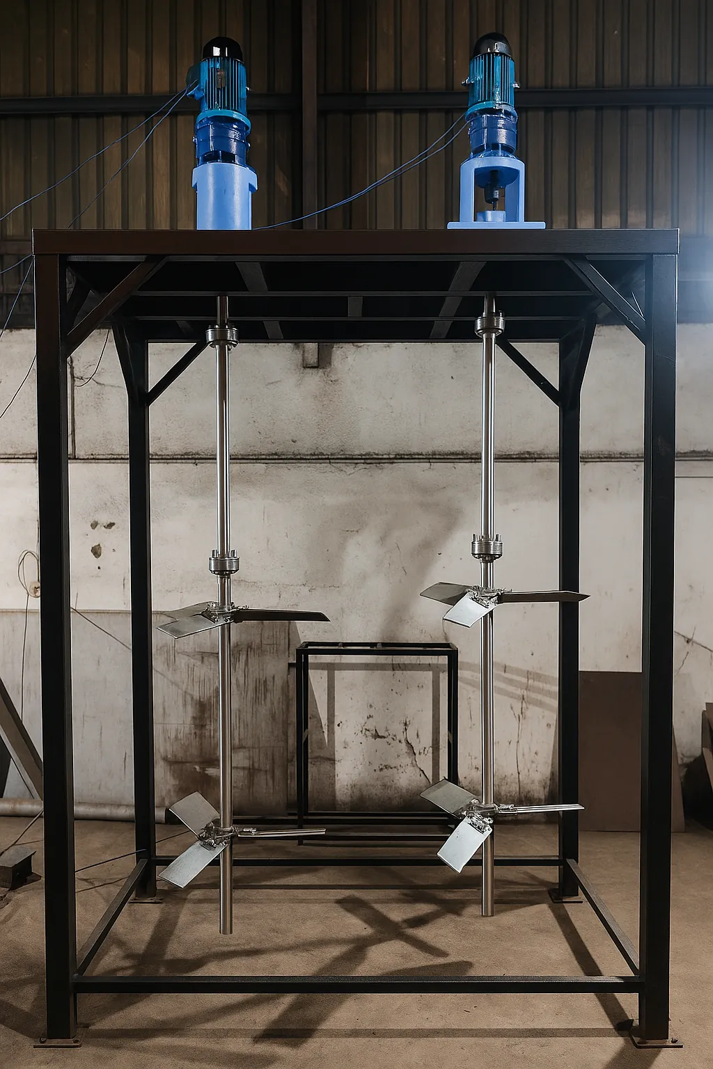 Top-mounted reactor agitator assembly for chemical process plant with gearbox and shaft.