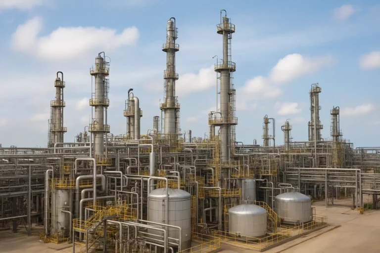 Industrial chemical process plant with reactors, agitators and piping in a manufacturing layout.