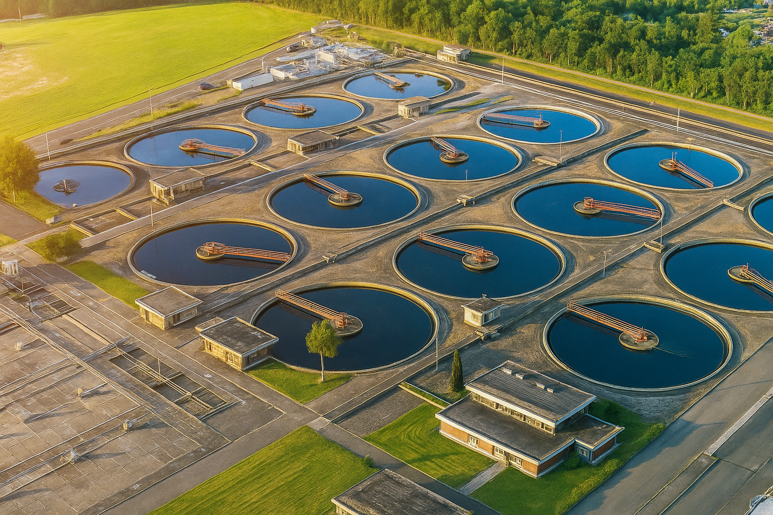 SV Industries industrial agitators operating in a wastewater treatment plant showing Hydrofoil and Rushton impellers in aeration and sludge tanks.