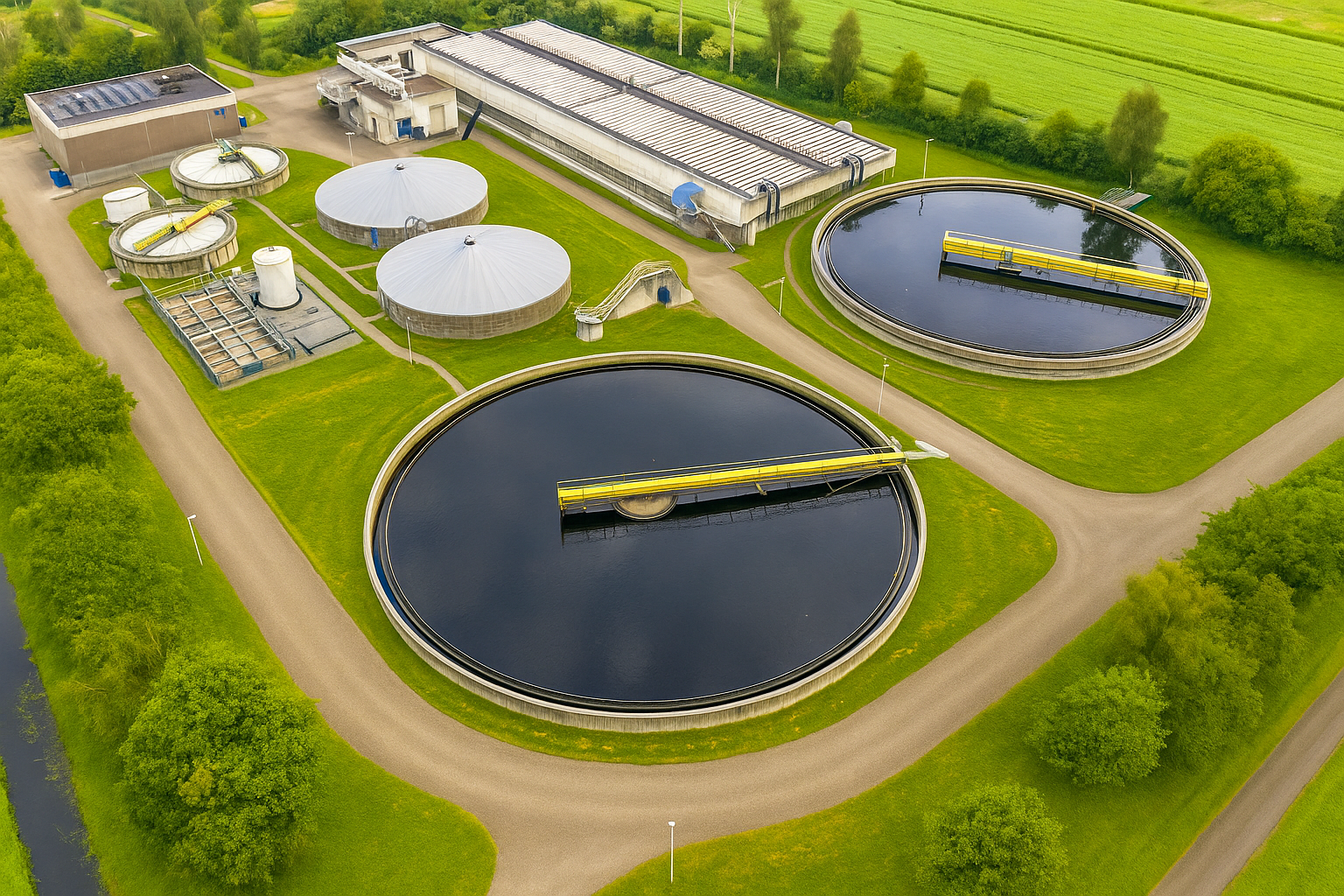 Multiple SV Industries agitators installed in wastewater treatment plant tanks for sludge mixing, aeration, and equalization.