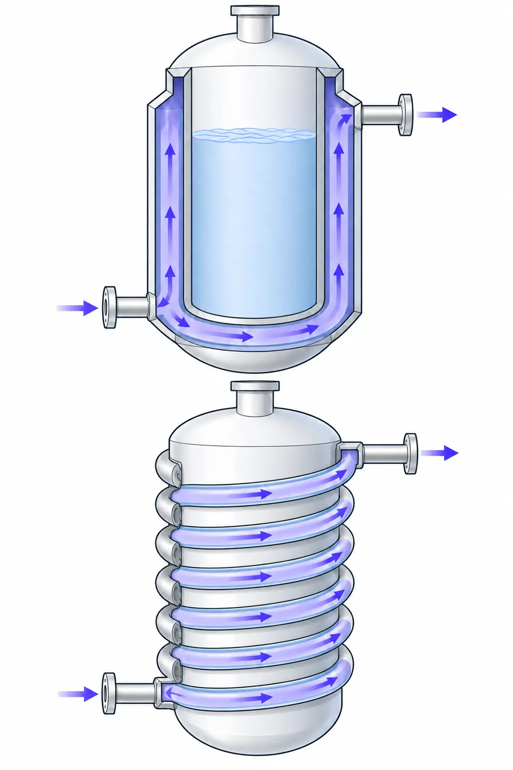 Conventional jacket and limpet half-pipe coil heating and cooling arrangements for reactor vessels