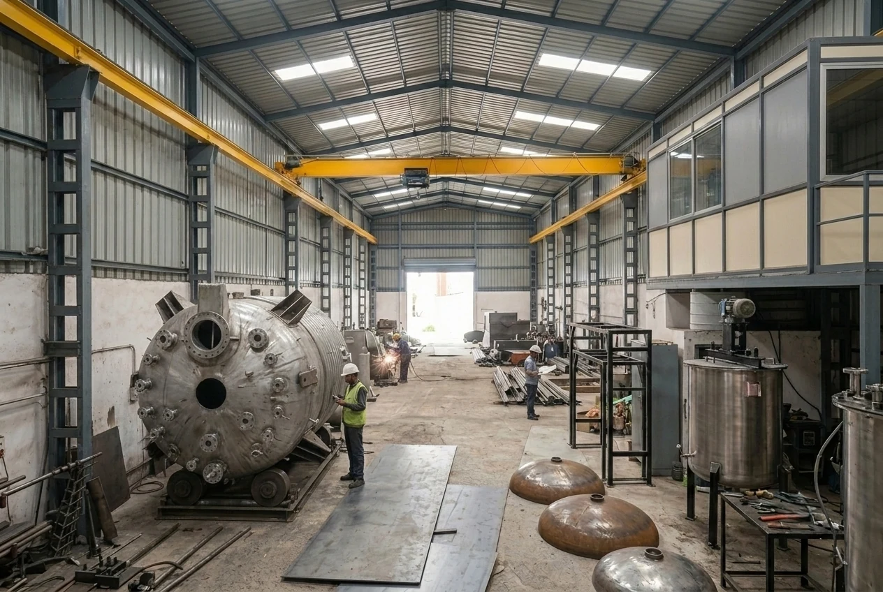SV Industries fabrication workshop with horizontal process vessel and manufacturing activity