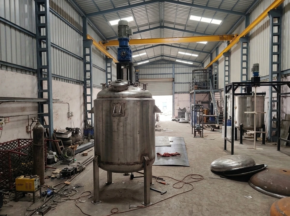 SV Industries workshop showing stainless steel process vessel and agitator manufacturing setup