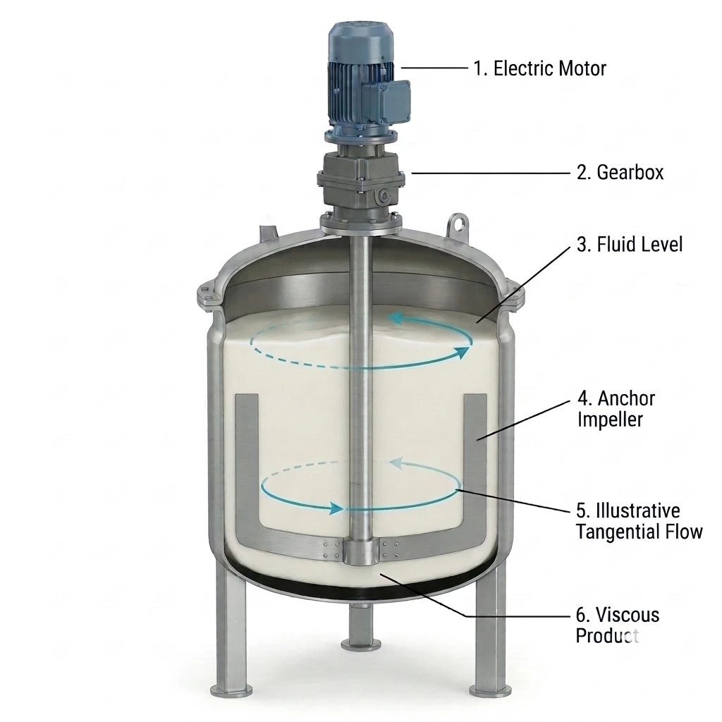 Cutaway illustration of an SS304 mixing vessel with a flat-plate anchor impeller and tangential flow arrows