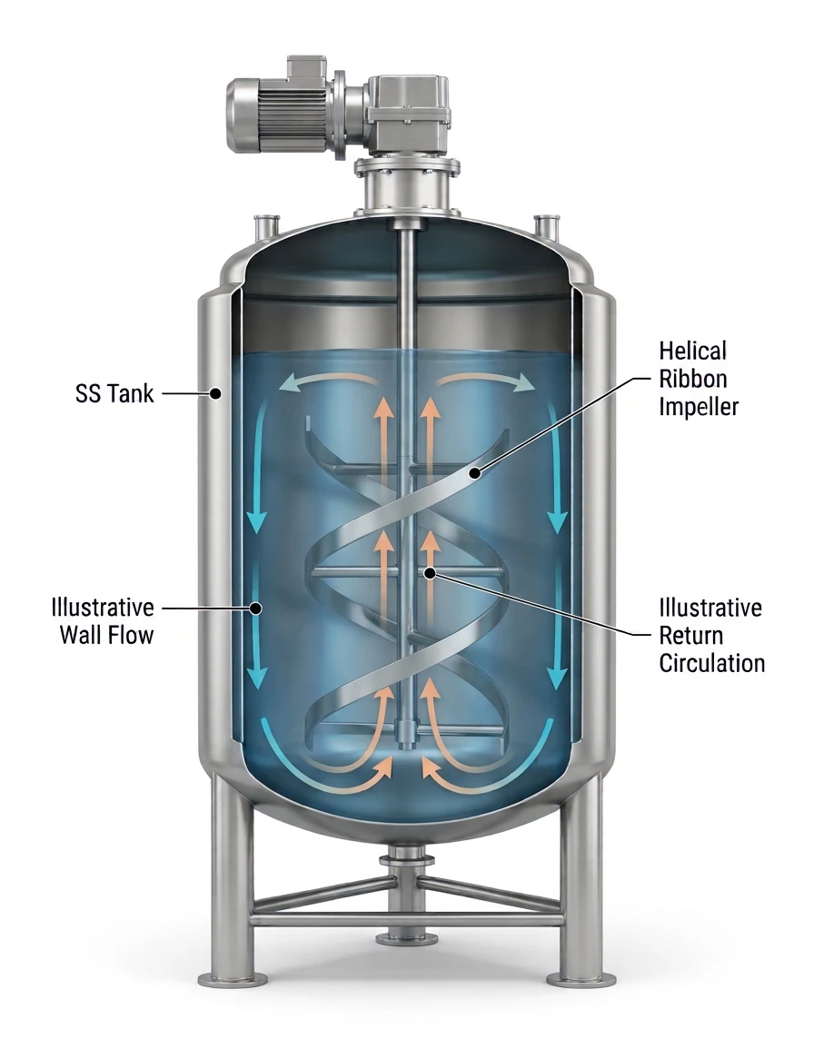 Helical ribbon impeller inside a stainless steel mixing tank showing illustrative downward wall flow and upward return circulation