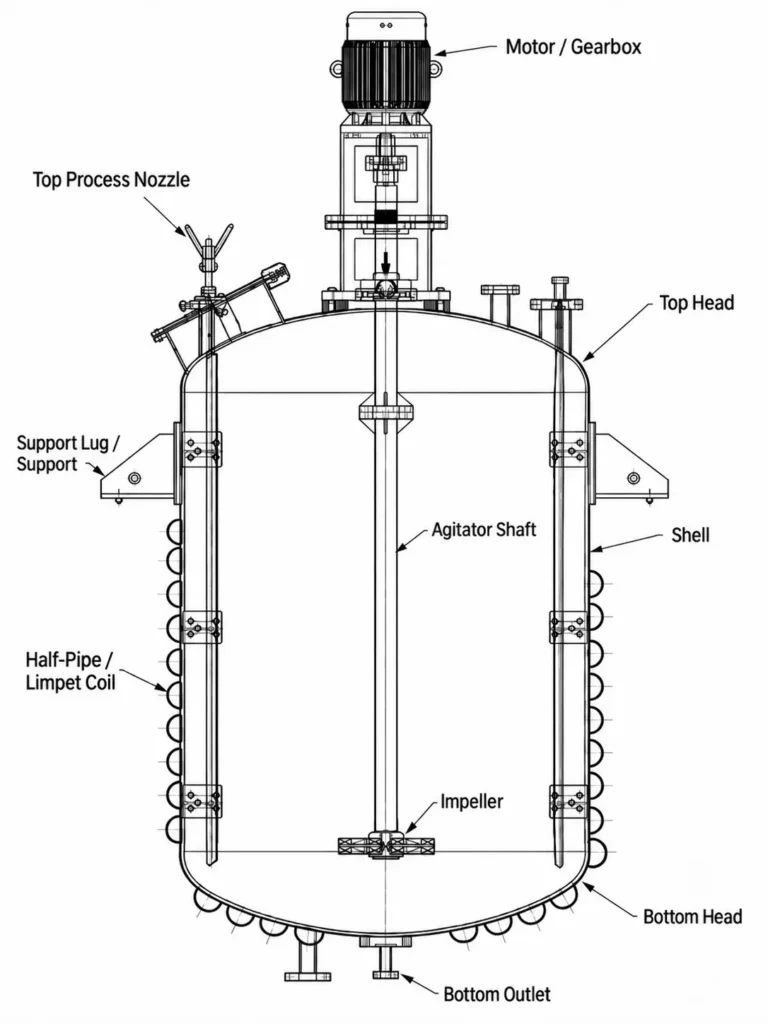 Technical sectional drawing of a limpet coil reactor vessel with agitator and half-pipe coil