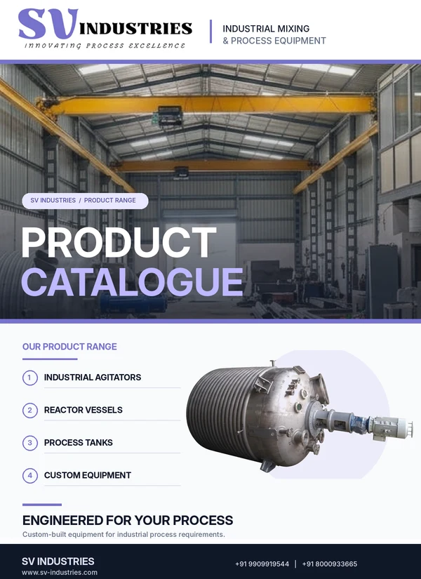 SV Industries product catalogue cover featuring industrial agitators, reactor vessels and process equipment