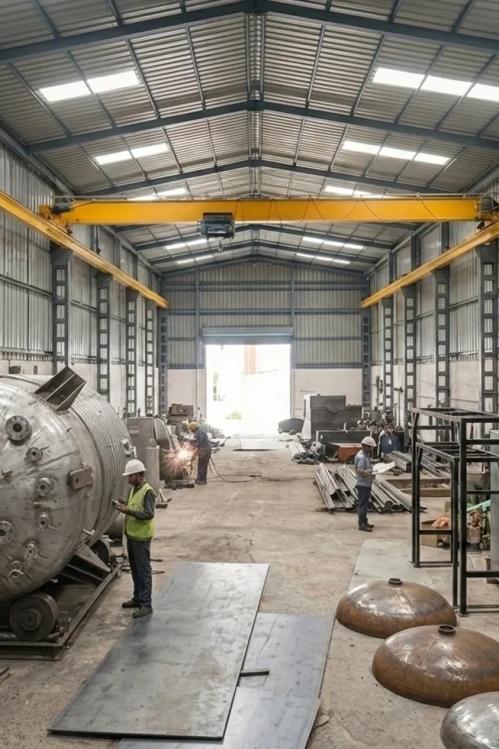SV Industries fabrication workshop with horizontal process vessel and manufacturing activity